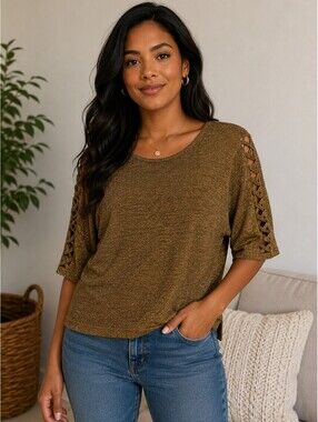 BonWorth - Gold Metallic Knit Top with Lattice Sleeve Detail - Size SP